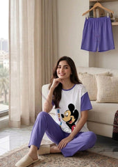 Women's Lavender Cartoon Print Night Suit Set – Soft Cotton Lounge & Sleepwear (3-Piece)