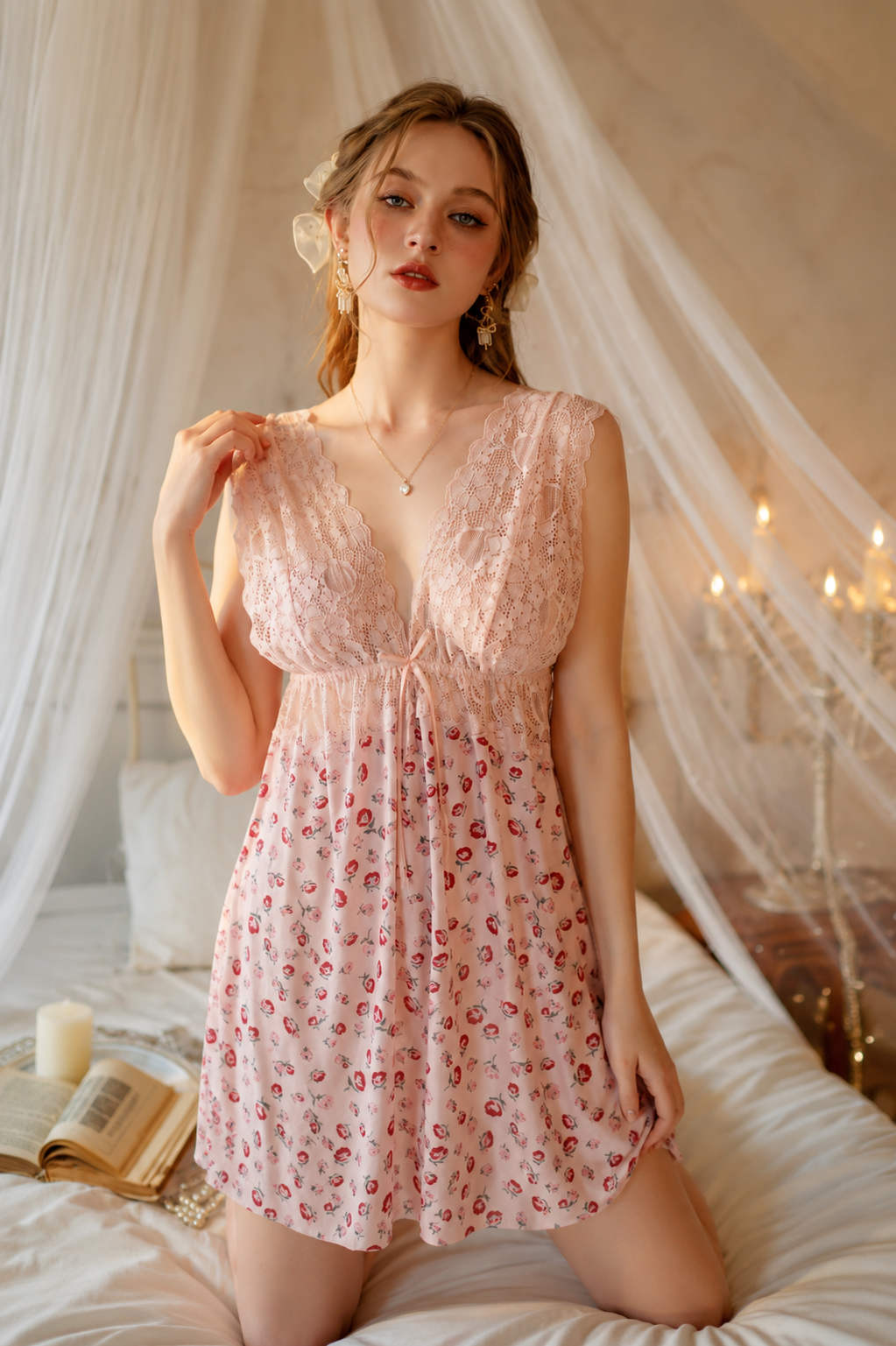 Blush Bloom Lace Babydoll Silk Nighty