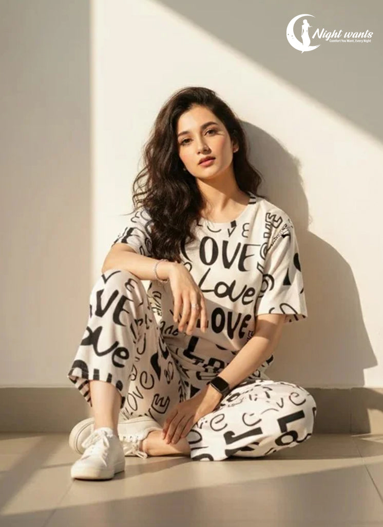 White Love Printed Pjs Set